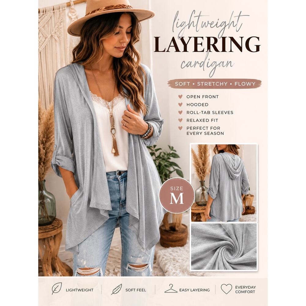 Light Gray Hooded Open Front Cardigan Wrap Top Lightweight Draped Layering Piece